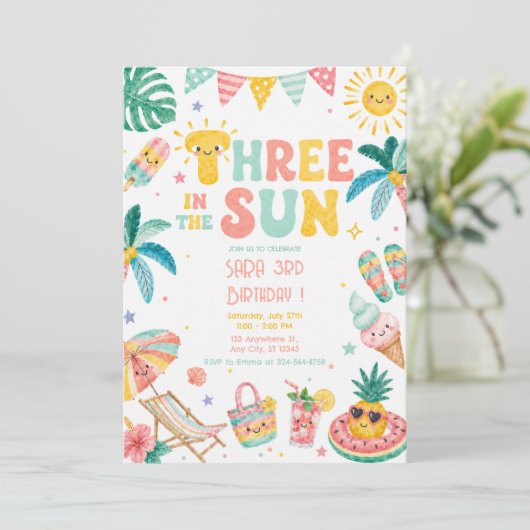 Three in the Sun 3e verjaardag Beach Party Kaart (Staand voorkant)