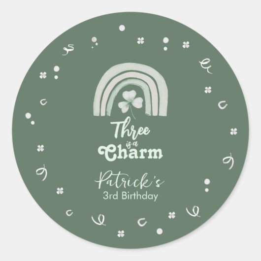 Three Is A Charm Shamrock Any Age Birthday Ronde Sticker (Voorkant)