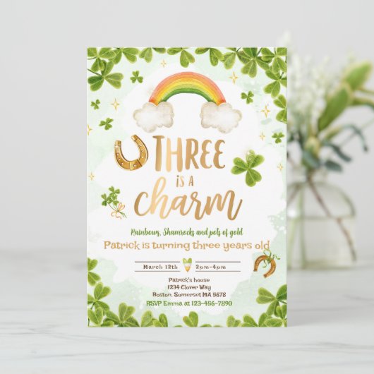 Three Is A Charm St Patrick's 3rd Birthday Party Kaart (Staand voorkant)