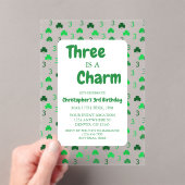 Three Is A Charm St Patrick's Day 3rd Birthday Acryl Uitnodigingen (Insitu (Draagbaar))