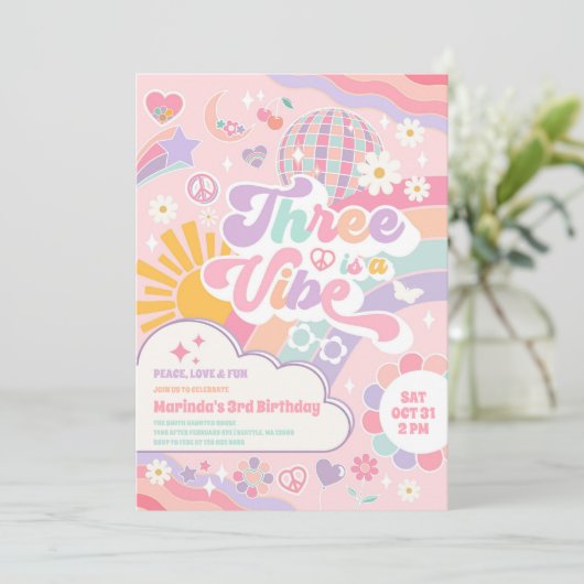 Three Is A Vibe Cloud Rainbow Sun 3rd Birthday  Kaart (Staand voorkant)