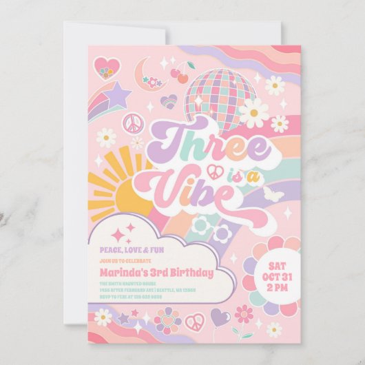 Three Is A Vibe Sun Rainbow Disco 3rd Birthday Kaart (Voorkant)