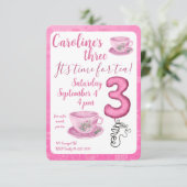 Three It’s Time for Tea 3rd Birthday Invitation Kaart (Staand voorkant)