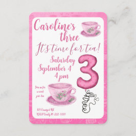 Three It’s Time for Tea 3rd Birthday Invitation Kaart