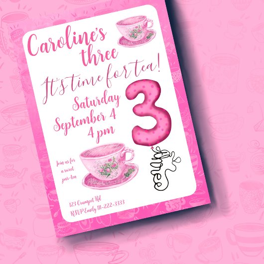 Three It’s Time for Tea 3rd Birthday Invitation Kaart