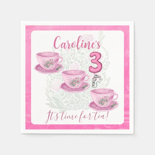 Three It’s Time for Tea 3rd Birthday Invitation Servet (Voorkant)