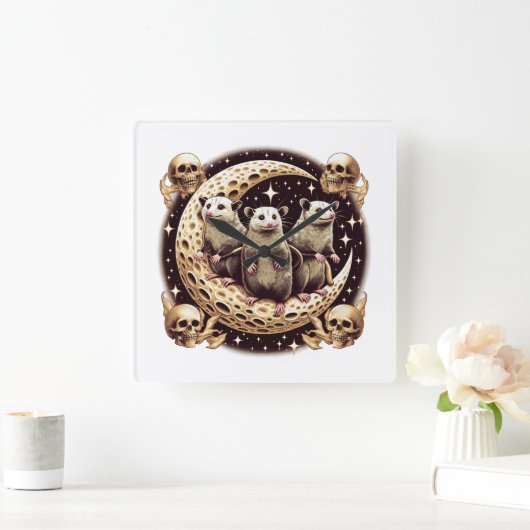 Three Opposum Moon With 3 Possums And Dead Moon Vierkante Klok (Huis)