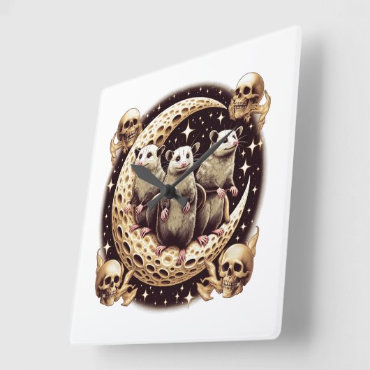 Three Opposum Moon With 3 Possums And Dead Moon Vierkante Klok (Hoek)