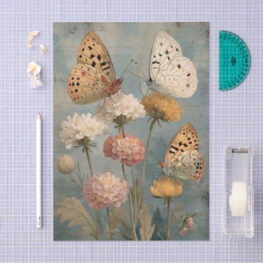 Three Painterly Butterflies Perched on Flowers Tissuepapier (Craft)
