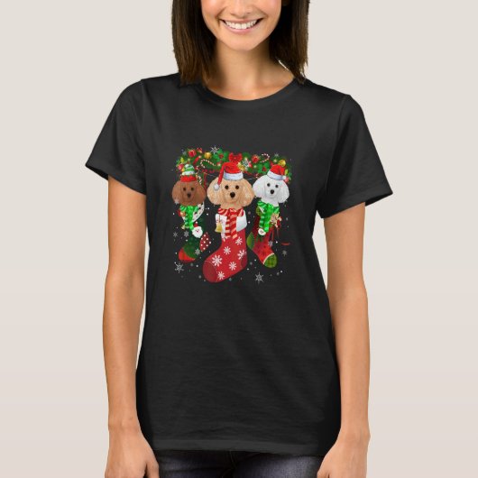 Three Poodle In Socks Christmas Santa Hat   T-shirt (Voorkant)