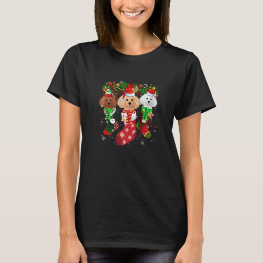Three Poodle In Socks Christmas Santa Hat T-shirt (Voorkant)