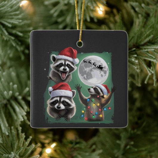 Three Raccoons With The Moon Galaxy Christmas Keramisch Ornament (Boom)