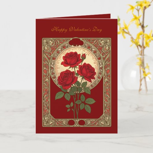 Three Red Roses Art Nouveau Style Kaart (Gele Bloem)