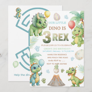 Three-Rex Birthday Invitation with Maze Invitation Kaart
