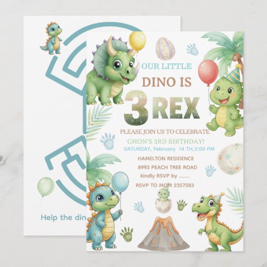 Three-Rex Birthday Invitation with Maze Invitation Kaart (Voorkant / Achterkant)