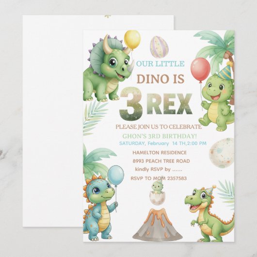 Three-Rex Birthday Invitation with Maze Invitation Kaart (Voorkant / Achterkant)