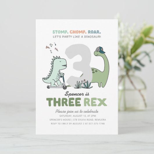 Three Rex Birthday Party Invitation Kaart (Staand voorkant)