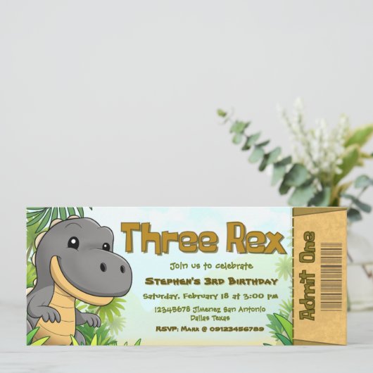 Three Rex Boy 3rd Birthday Ticket Kaart (Staand voorkant)