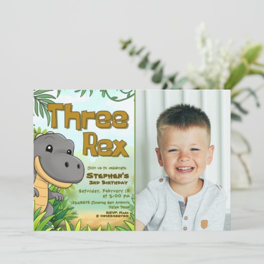 Three Rex Boy 3rd Birthday with Photo Kaart (Staand voorkant)