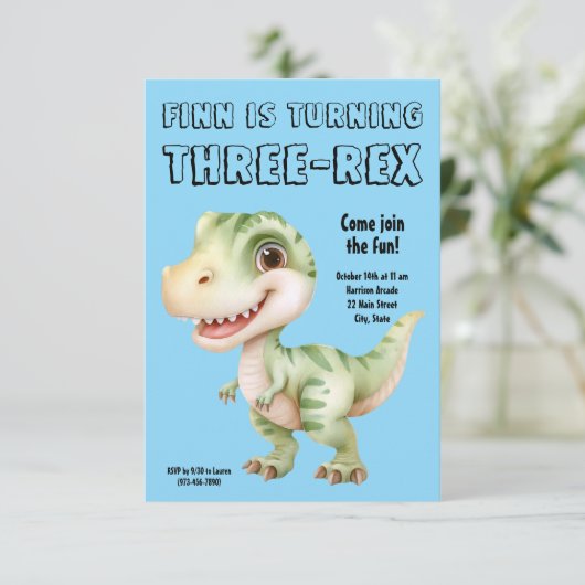 Three-Rex Dinosaur 3rd Birthday Party Invitation Kaart (Staand voorkant)