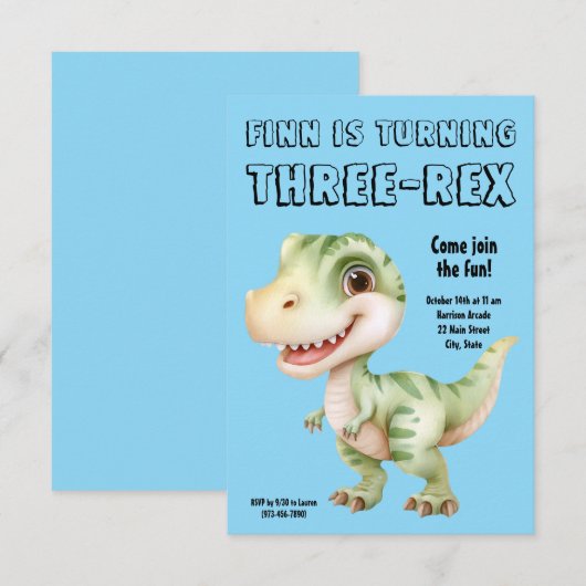 Three-Rex Dinosaur 3rd Birthday Party Invitation Kaart (Voorkant / Achterkant)
