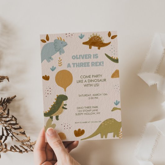 Three Rex Dinosaur 3rd Boy Birthday Invitation Kaart