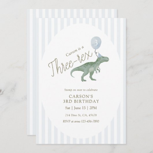 Three Rex Dinosaur Third Birthday Invitation Kaart (Voorkant / Achterkant)