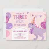 Three Rex Girl Invitation. T-Rex 3rd Birthday Kaart (Voorkant)