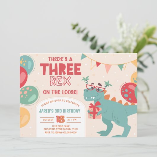 Three Rex Invitation Boy. Dinosaur 3rd Birthday Kaart (Staand voorkant)