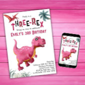 Three-Rex Meisjes 3e Verjaardag Roze Dino Kaart