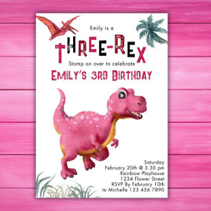 Three-Rex Meisjes 3e Verjaardag Roze Dino  Kaart