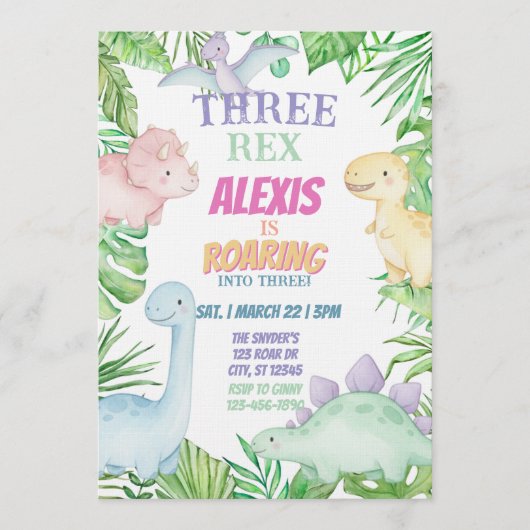 Three Rex, Pastel Dinosaur 3rd Birthday Kaart (Voorkant)