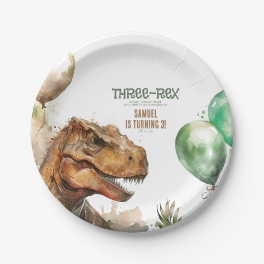Three-Rex - Tyronasaurus Dinosaur Birthday Party Papieren Bordje (Voorkant)