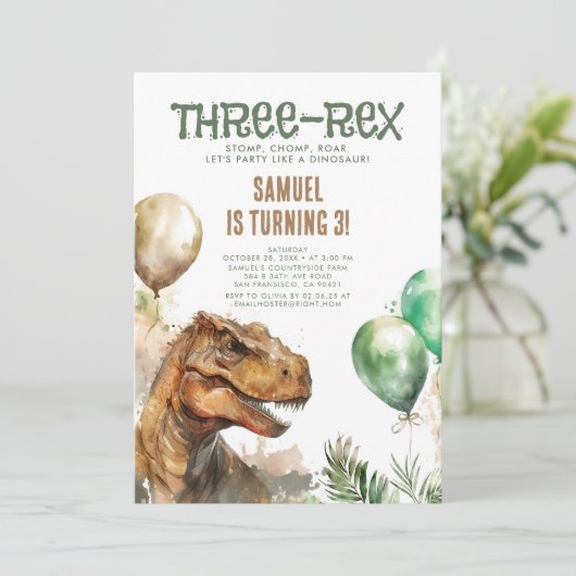 Three-Rex - Tyronasaurus Dinosaur Boy Birthday Kaart (Staand voorkant)