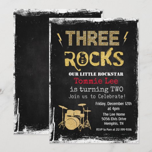 Three Rocks Rockstar Drumstel 3e Verjaardag  Kaart (Voorkant / Achterkant)