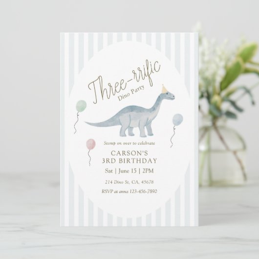 Three-rrific Dinosaur Birthday Invitation Kaart (Staand voorkant)