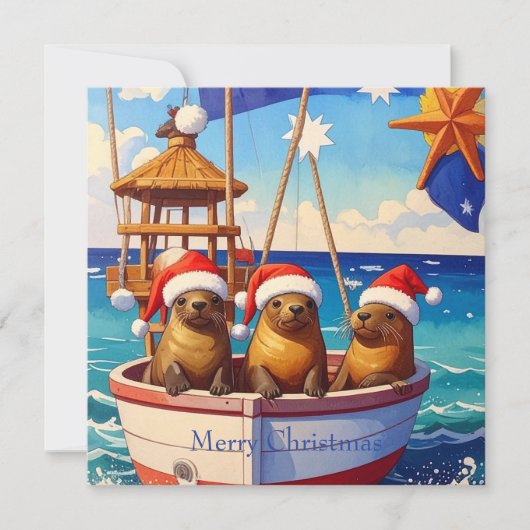 Three Seals with Santa hats Merry Christmas Feestdagenkaart (Voorkant)