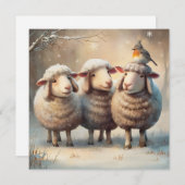 Three Sheep & Robin Winter Christmas Wenskaart Feestdagenkaart (Voorkant / Achterkant)