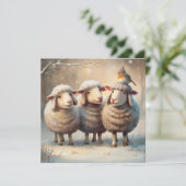 Three Sheep & Robin Winter Christmas Wenskaart Feestdagenkaart (Staand voorkant)