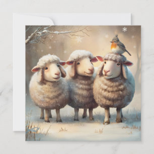 Three Sheep & Robin Winter Christmas Wenskaart Feestdagenkaart