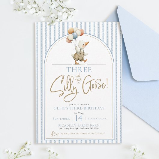 THREE Silly Goose Cute Pinstripe Boy 3rd Birthday Kaart