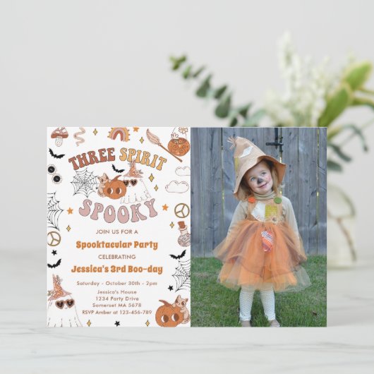 Three Spirit Spooky Leuke Groovy Halloween Foto Kaart (Staand voorkant)