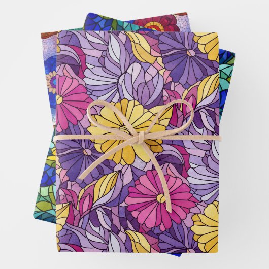 Three Stained Glass Abstract Floral Patterns Inpakpapier Vel (In situ)