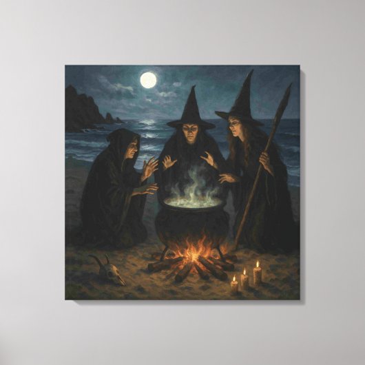 Three Witches Brew Cauldron Full Moon Beach  Canvas Afdruk (Voorkant)