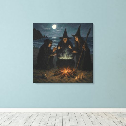 Three Witches Brew Cauldron Full Moon Beach Canvas Afdruk (Insitu (Houten vloer))