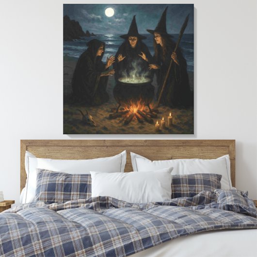 Three Witches Brew Cauldron Full Moon Beach Canvas Afdruk (Insitu (Slaapkamer))