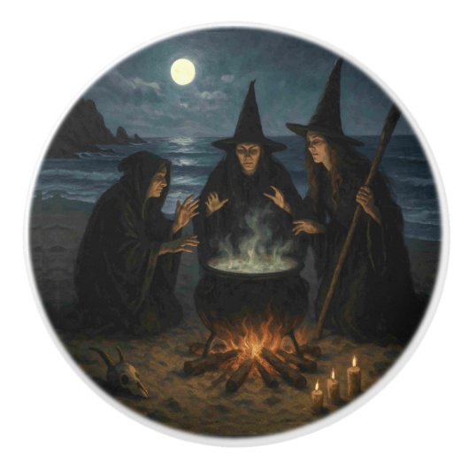 Three Witches Brew Cauldron Full Moon Beach  Keramische Knop (Voorkant)