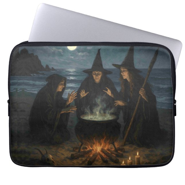 Three Witches Brew Cauldron Full Moon Beach  Laptop Sleeve (Voorkant)