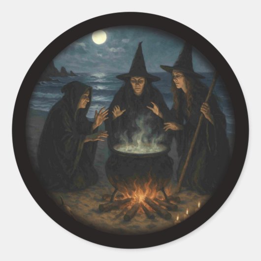 Three Witches Brew Cauldron Full Moon Beach  Ronde Sticker (Voorkant)