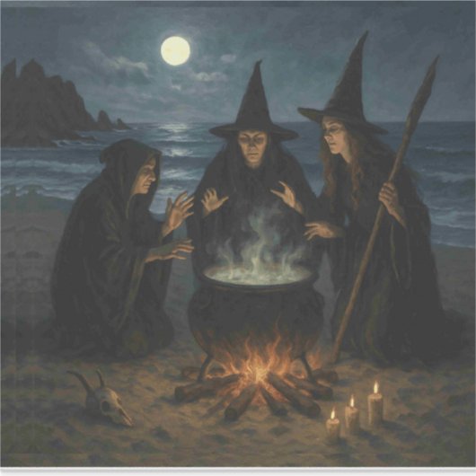 Three Witches Brew Cauldron Full Moon Beach Sticker (Voorkant)